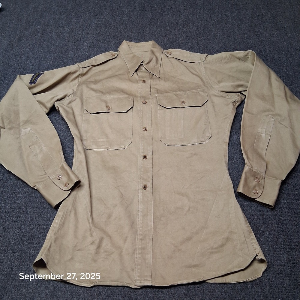 Vintage‎ 50s Military Cotton Khaki Point Collar Button Down Shirt Size Medium